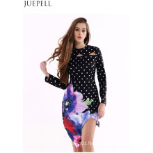 European and American Women′s Summer DOT Print Irregular Sexy Hollow Package Hip Skirt Long-Sleeved Jumpsuit Dress